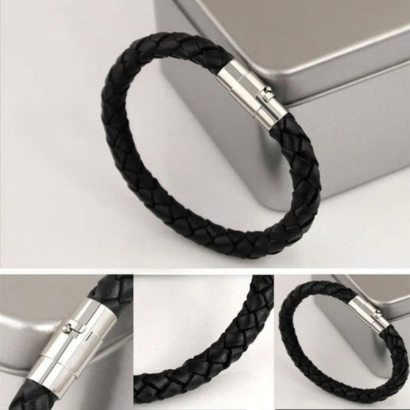 Stainless Steel Black Braid Leather Men's Bracelet - Picture 4 of 6